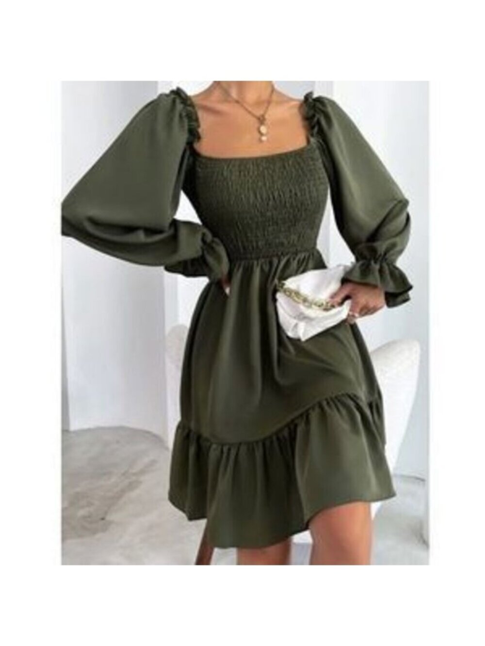 Shirred square neck ruffle hem dress